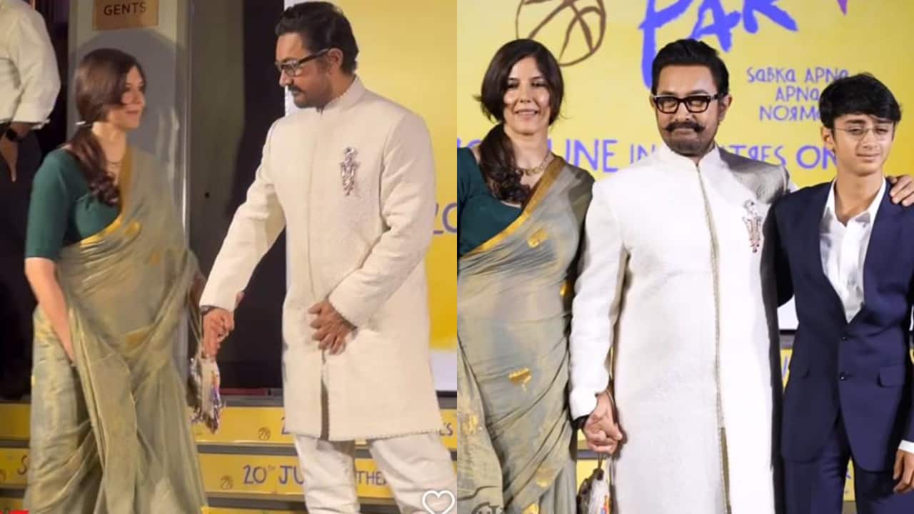Aamir Khan holds girlfriend Gauri Spratt's hand and poses with son Azad at Sitaare Zameen Par screening
