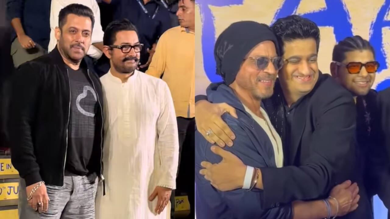 Shah Rukh Khan sports his signature look with Salman Khan keeping things casual-cool in a printed black tee, zip-up jacket, and grey distressed jeans. Meanwhile, Aamir keeps it rooted in Indian tradition with a cream kurta set.