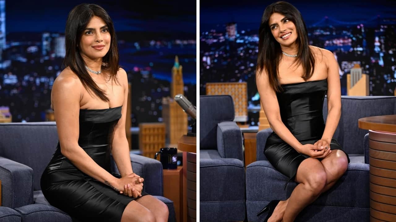 Priyanka Chopra's little black dress featured a back slit for ease of movement and made for a perfect head-turning outfit (Images: @fallontonightbts/Instagram)