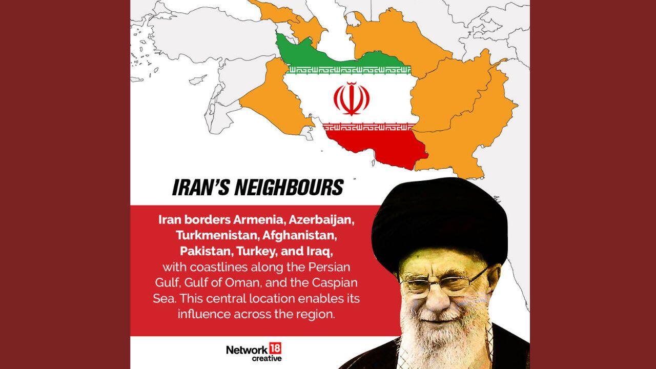 Iran shares borders with Armenia, Azerbaijan, Turkmenistan, Afghanistan, Pakistan, Turkey, and Iraq, and it has coastal access to the Persian Gulf, Gulf of Oman, and the Caspian Sea.(Image: News18 creative)