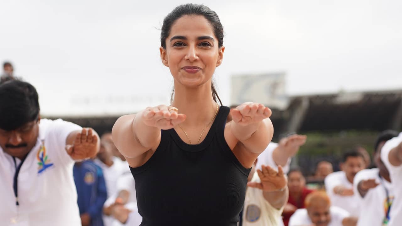 Meenaakshi Chaudhary encourages fans to prioritise their well-being on Yoga Day, writes "Flow like water, move like the wind"