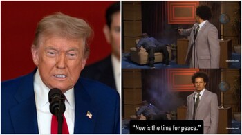 Donald Trump said that he will be addressing the nation about the operation. (Right) One of the memes that followed his announcement. (Image credit: AFP, Billy Jensen/X)