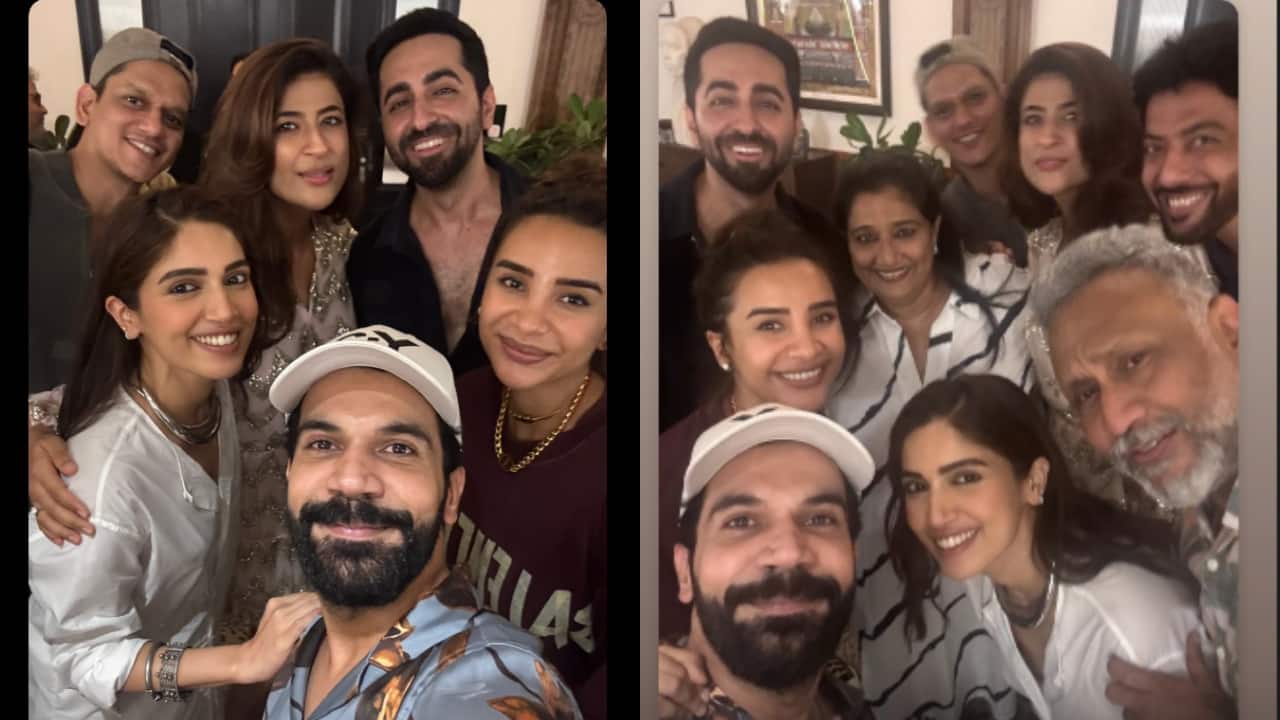 Bhumi Pednekar, Ayushmann Khurrana, Tahira, Rajkummar Rao, Patralekhaa, and Vijay Varma pose together at Anubhav Sinha's birthday bash