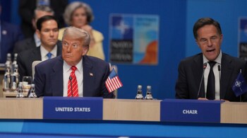 United States President Donald Trump and Nato General Secretary Mark Rutte during a North Atlantic Council plenary meeting during the the NATO summit in The Hague, Netherlands