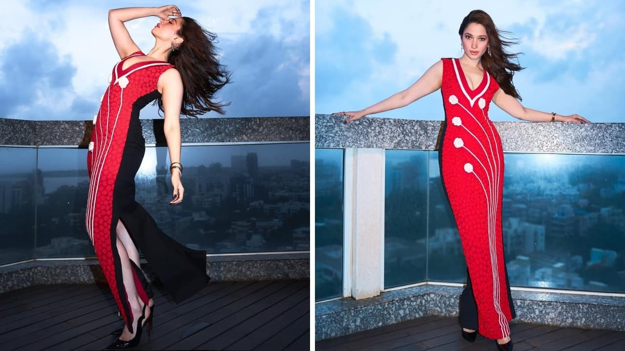 Tamannaah Bhatia charms in a delicate red dress with white floral appliqués