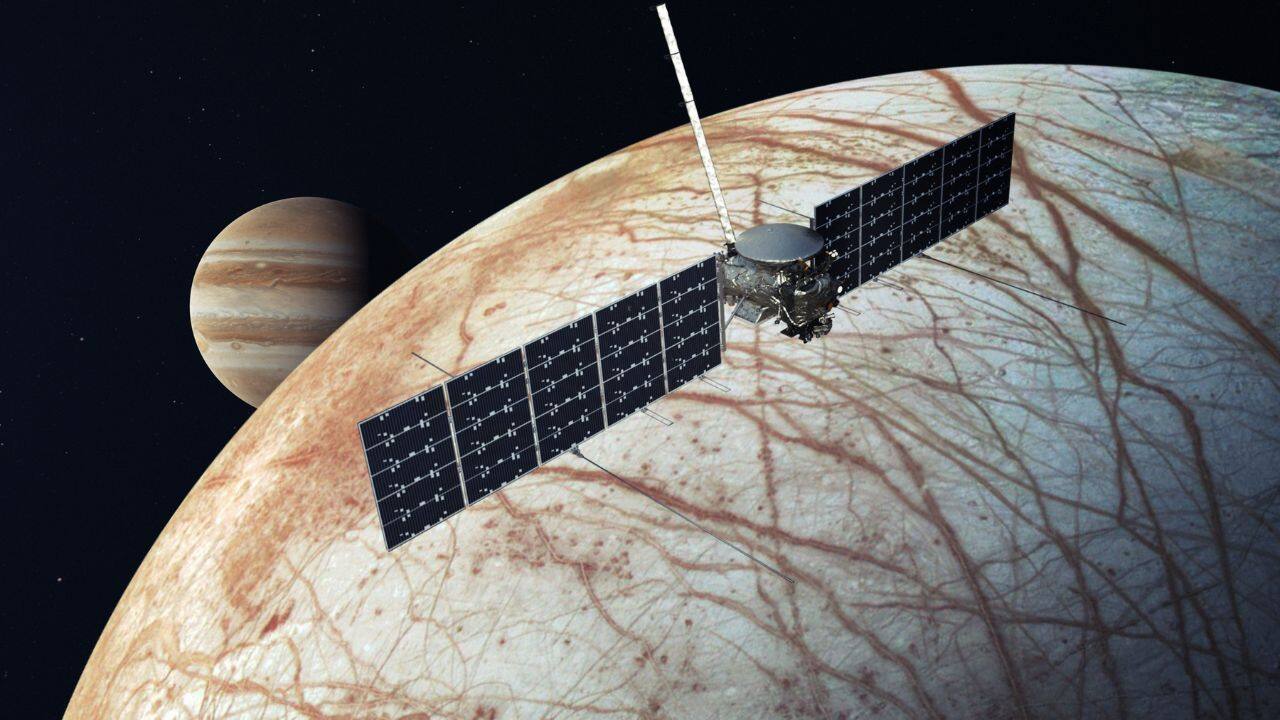 Europa Clipper: Launched in October 2024, Europa Clipper will reach Jupiter by April 2030, performing 49 flybys of Europa to study its ice shell, subsurface ocean, and potential habitability for life. (Image: NASA)