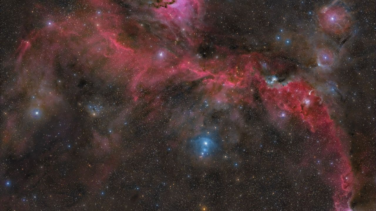 The Seagull Nebula: The Seagull Nebula, glowing with hydrogen gas, spans 200 light-years. Located 3,800 light-years away, it features star-forming clouds, supernova remnants, and a bow shock from star FN Canis Majoris. (Image: NASA)