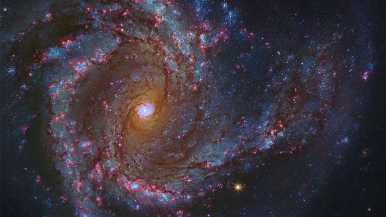 In the Center of Spiral Galaxy M61: Spiral galaxy M61, 55 million light-years away, features a nuclear spiral near its supermassive black hole, resembling a tiny spiral galaxy within its bright barred spiral structure in Virgo Cluster. (Image: NASA)