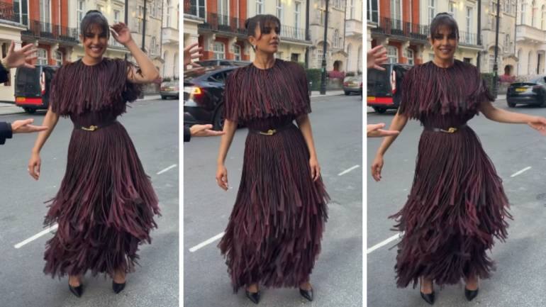 Priyanka Chopra opted for a warm-toned, all-fringe dress by Burberry from their Fall 2025 collection (Screengrabs: @priyankachopra/Instagram)