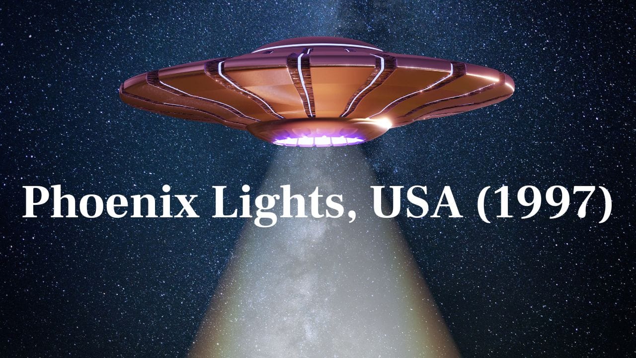 Phoenix Lights, USA (1997): Thousands saw enormous, V-shaped lights floating over Arizona. The government attributed it to flares, but numerous witnesses dissented. (Image: Canva)