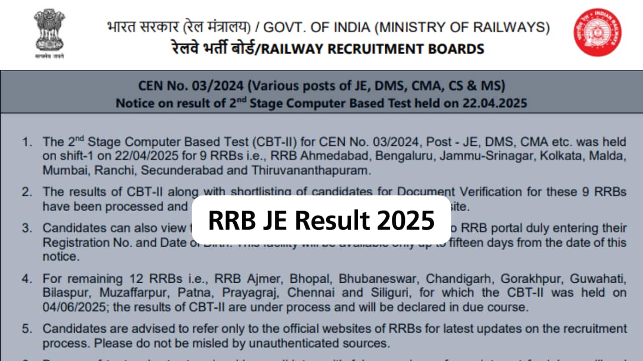 RRB JE Result 2025 OUT for Mumbai, Kolkata, Ahmedabad and more regions; direct link to JE CBT 2 scorecard here