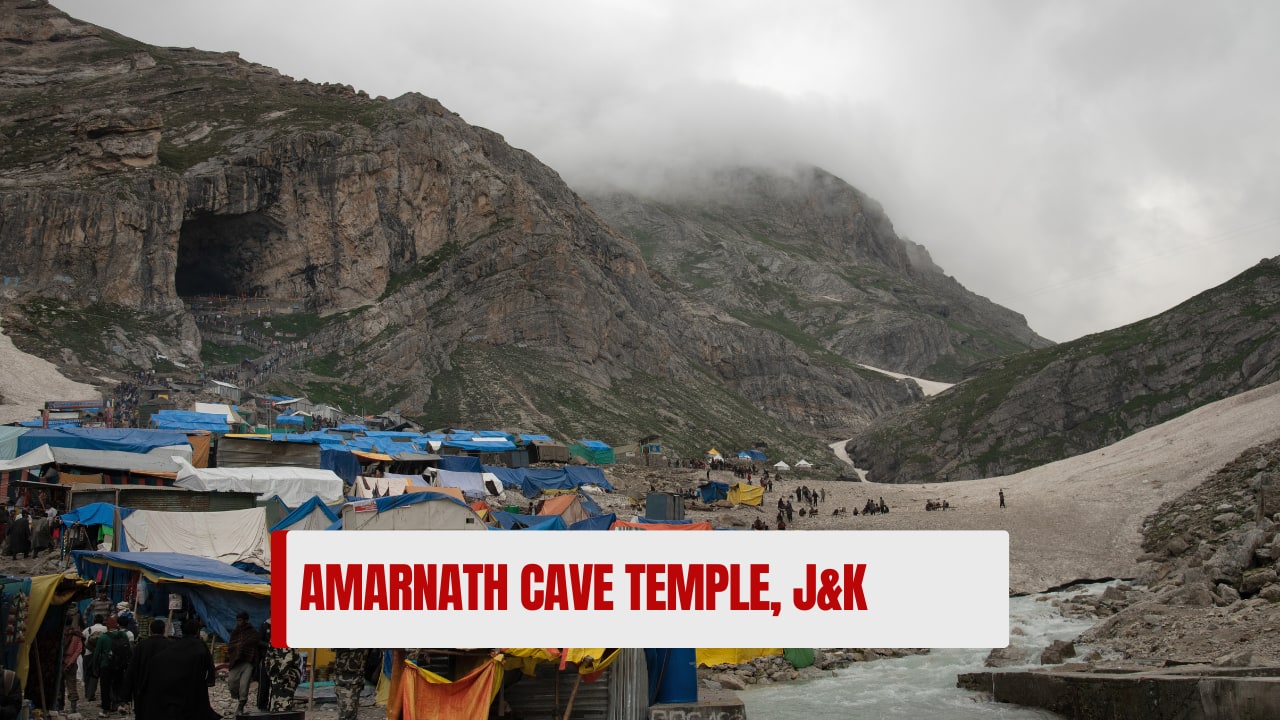 Amarnath Cave Temple, J&amp;K: Home to a naturally formed ice Shivling. Accessible only in Sawan, the trek is tough but spiritually rewarding. (image: canva)