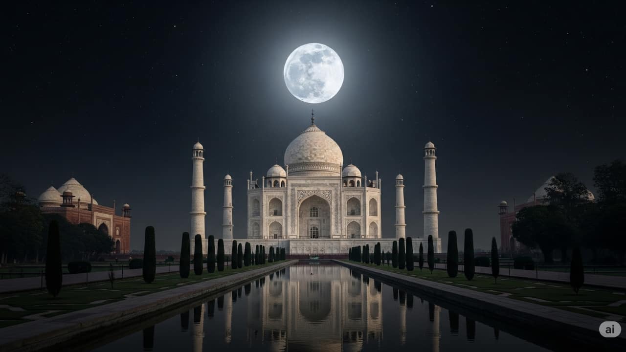 1. Taj Mahal – Agra, Uttar Pradesh No list of moonlit marvels would be complete without the Taj Mahal. By day, it dazzles. By night, it whispers. Built from luminous white marble and designed with celestial symmetry, this mausoleum was always meant to be seen in moonlight. On select nights around the full moon, the gates open after dark, and the monument seems less constructed than conjured. (AI Generated Image)