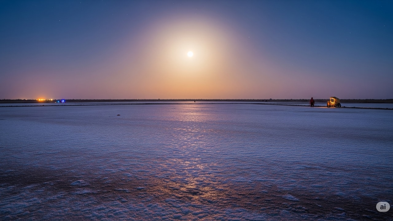 3. Rann of Kutch – Gujarat By day, the Rann stretches out in stark silence—white, dry, and endless. But under a full moon, it becomes something else entirely. The salt desert glows like a field of frost, refracting light in every direction. During the Rann Utsav, held through the winter months, the experience becomes part celebration, part hallucination. (AI Generated Image)