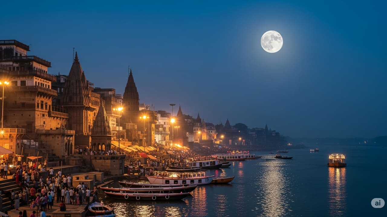 4. Varanasi – Uttar Pradesh In Varanasi, time does not pass so much as it settles. On full moon nights, the Ganges reflects a city caught between the sacred and the surreal. The flames of evening aarti rise toward the sky, and the moon, hanging low over the river, appears to answer. It is not a place one visits—it is a place one absorbs. (AI Generated Image)