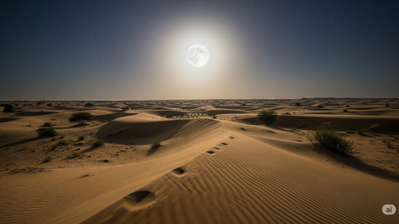 7. Thar Desert – Jaisalmer, Rajasthan The Thar is not quiet; it is waiting. When the sun leaves, the wind begins to tell stories. On full moon nights, the dunes of Jaisalmer shimmer with a dull glow, and the sky unspools itself in stars. Desert camps come to life with music and slow-cooked meals, but the moon remains the evening’s most constant companion. (AI Generated Image)