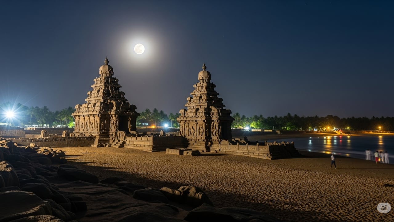 10. Mahabalipuram – Tamil Nadu The carved temples of Mahabalipuram have withstood salt, wind, and centuries of time. Under moonlight, they seem to shed weight—to rise slightly from the stone. The Shore Temple, standing sentinel beside the Bay of Bengal, listens to waves that never pause. A walk here after dusk is less a tour and more a meditation. (AI Generated Image)