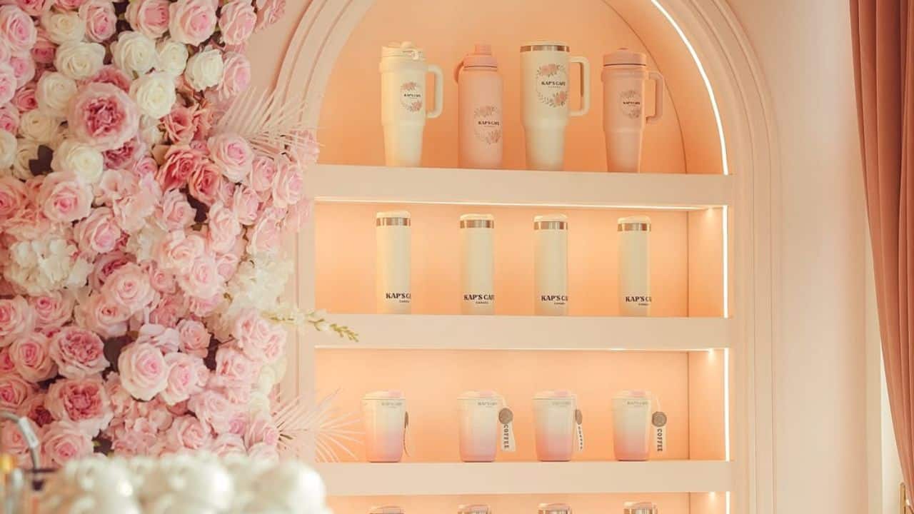 A pastel-toned wall of curated drinkware adds a chic retail touch to Kap’s Café. Each cup, bottle, and mug is designed to match the café’s dreamy aesthetic—perfect for gifting or sipping in style. A pastel-toned wall of curated drinkware adds a chic retail touch to Kap’s Café. Each cup, bottle, and mug is designed to match the café’s dreamy aesthetic—perfect for gifting or sipping in style.