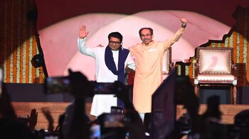 Shiv Sena (UBT) president Uddhav Thackeray with MNS chief Raj Thackeray at a joint rally in Mumbai on Saturday. (PTI)