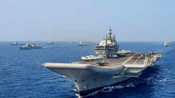In this image released by Indian Navy on May 11, 2025, Indian Navy's INS Vikrant and other ships deployed in the Arabian Sea. 