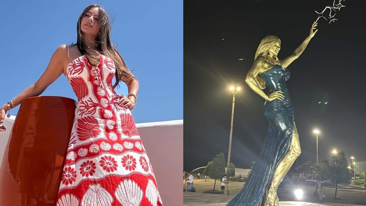 Modern Family actor Sofía Vergara reacts after receiving giant statue in her hometown Barranquilla on her birthday