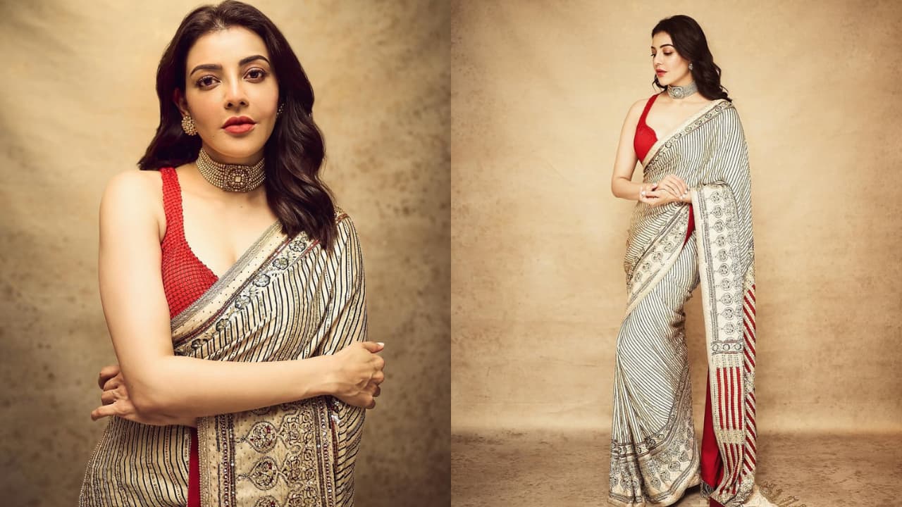 Kajal Aggarwal Kajal Aggarwal is often spotted in sarees for special occasions and events. She adds a contemporary touch to her gracefully draped striped saree by sporting a contrasting red blouse with a sweetheart neckline. She looks bright and charming in the six-yard drape.