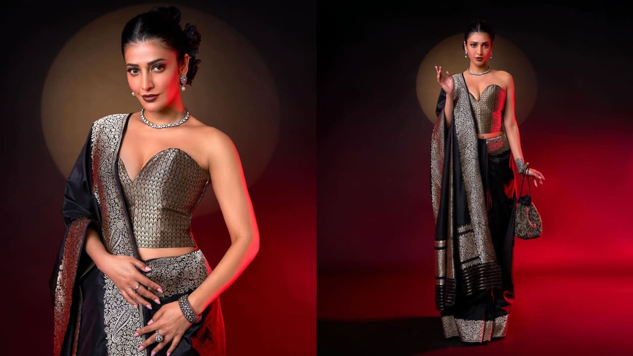Shruti Haasan Shruti Haasan is a true fashionista. The actress looks magnetic in a black handwoven silk saree complemented by a custom-made corset blouse. Strapless and perfectly fitted, the blouse looks striking with the saree, which is crafted using the Banarasi Kadhwa technique and pure silk.