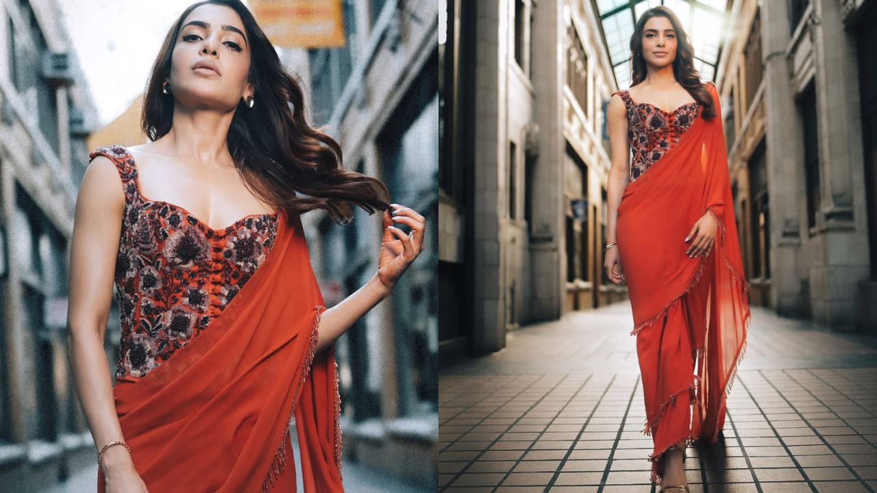 Samantha Ruth Prabhu South Indian stars often wear sarees that are high on style and glamour, teaming them with modern and trendy blouse designs. In this picture, Samantha Ruth Prabhu sports a glossy, beaded floral silk corset-blouse with tassels, looking as elegant as ever.