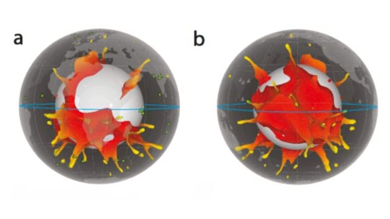 3D models show plume and BLOB structures beneath the African (a) and Pacific (b) hemispheres as they appeared 60 million years ago. (Image: Cucchiaro et al., Communications Earth & Environment, 2025)