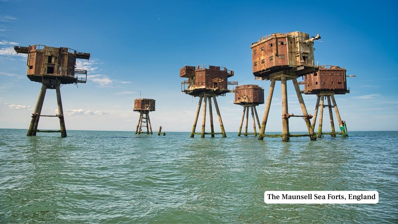 3. The Maunsell Sea Forts, England Raised in the Thames Estuary during World War II, these rusting steel towers once protected Britain from enemy aircraft. Abandoned post-war and battered by decades of tides, they now resemble alien outposts. Accessible by private boat, they remain a surreal fixture on the horizon for maritime wanderers. (Image: Canva)
