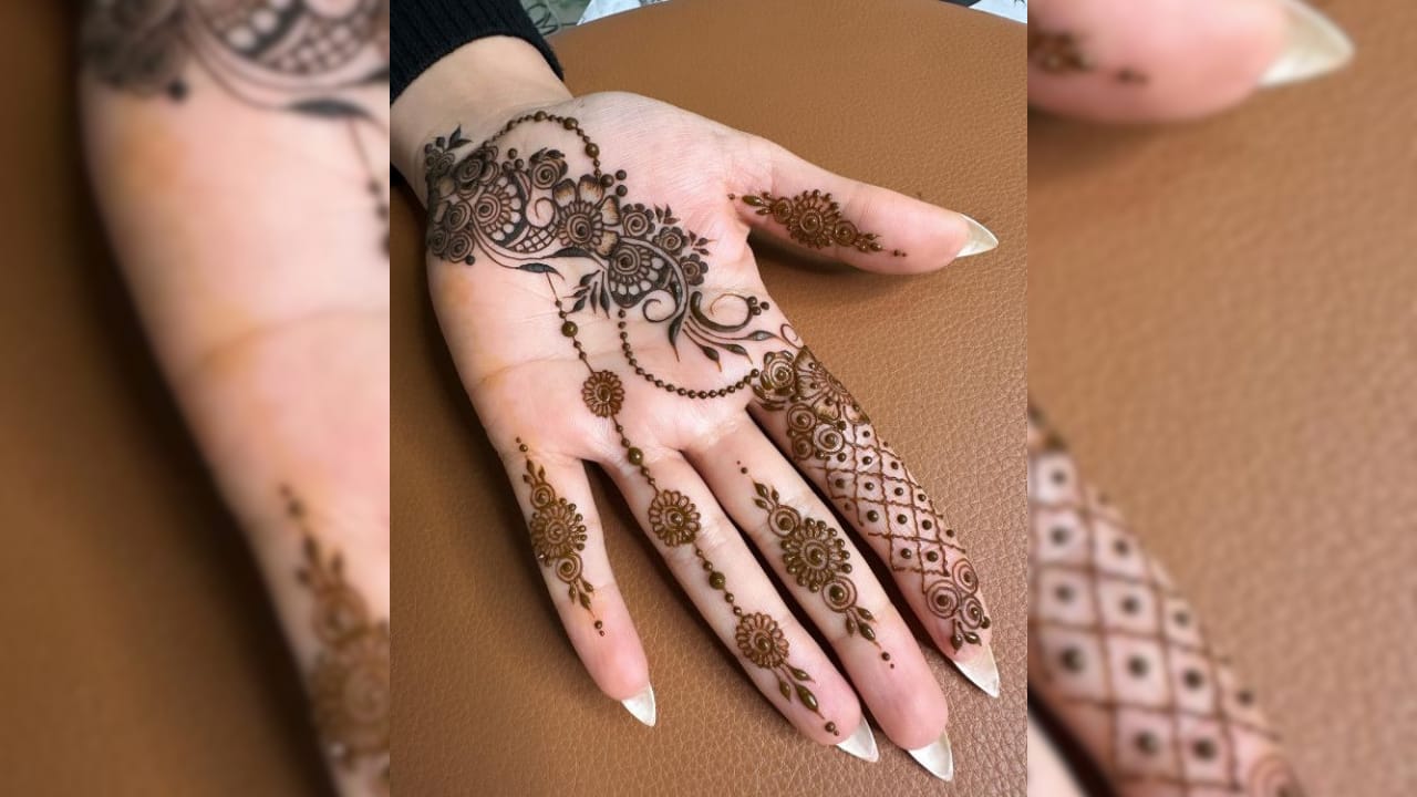 Try floral chains and leafy vines across the backhand. It looks elegant and takes less time to apply. (image: Pinterest)