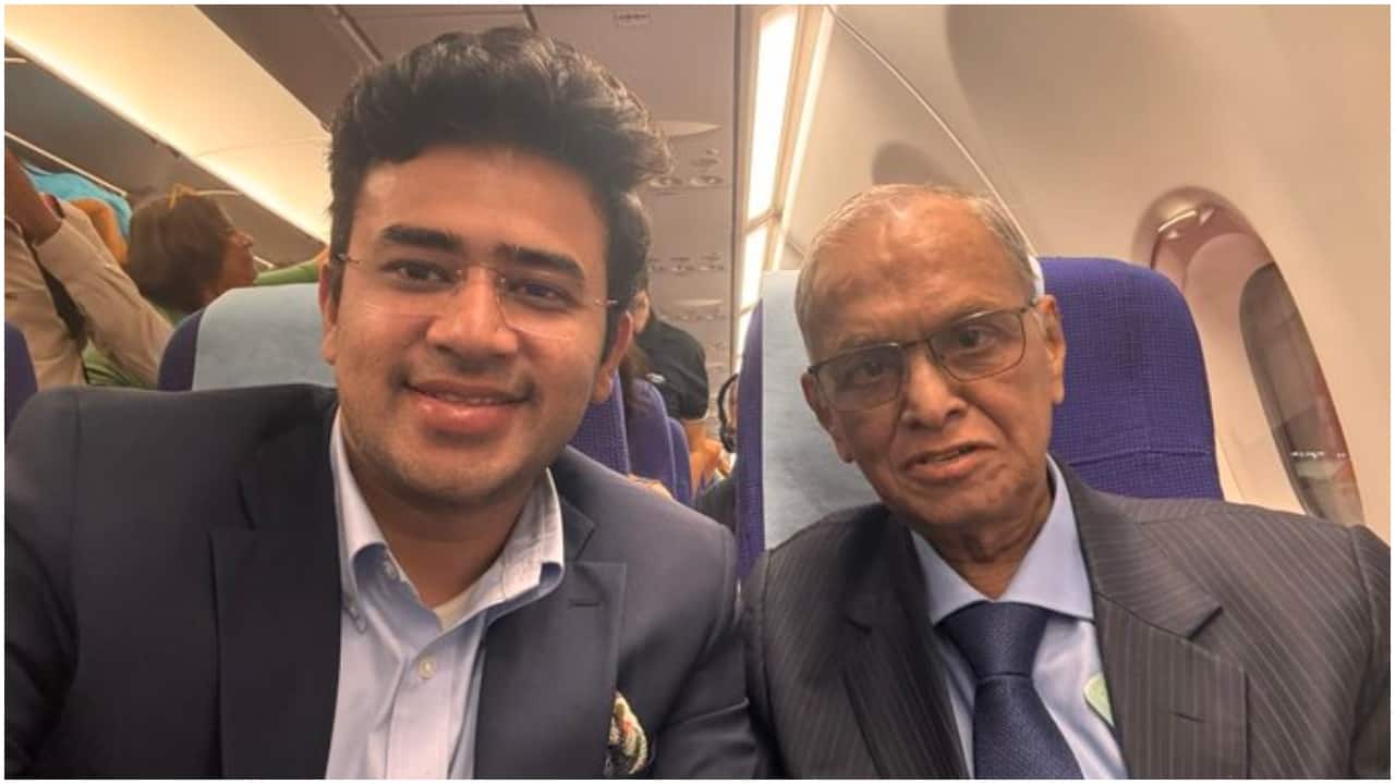 'Only PM Modi works 100 hours a week’: Narayana Murthy tells Tejasvi Surya on Mumbai-Bengaluru flight