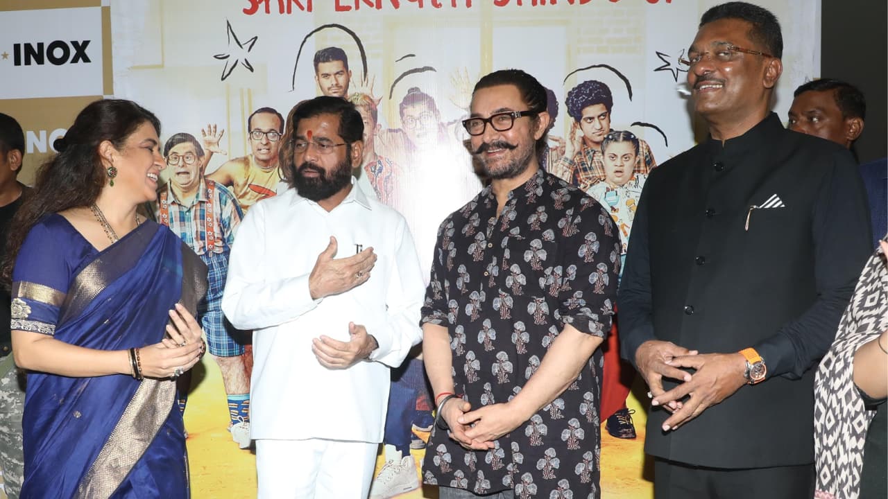 Maharashtra deputy CM Eknath Shinde and Aamir Khan attend Sitaare Zameen Par's special screening in Mumbai