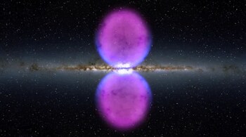 The twin Fermi bubbles (shown in purple) rise 25,000 light-years above and below the Milky Way’s centre, suggesting a powerful black hole eruption in the distant past. (Image: NASA)