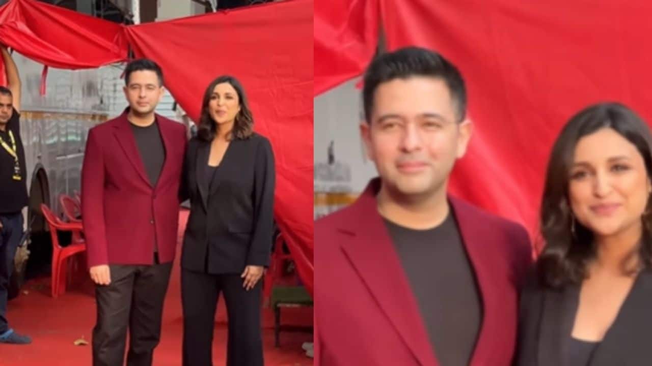Parineeti Chopra and Raghav Chadha spotted in style on a TV show set, watch