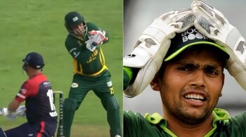 Fans react as Kamran Akmal fumbles during Pakistan Champions vs England Champions match.