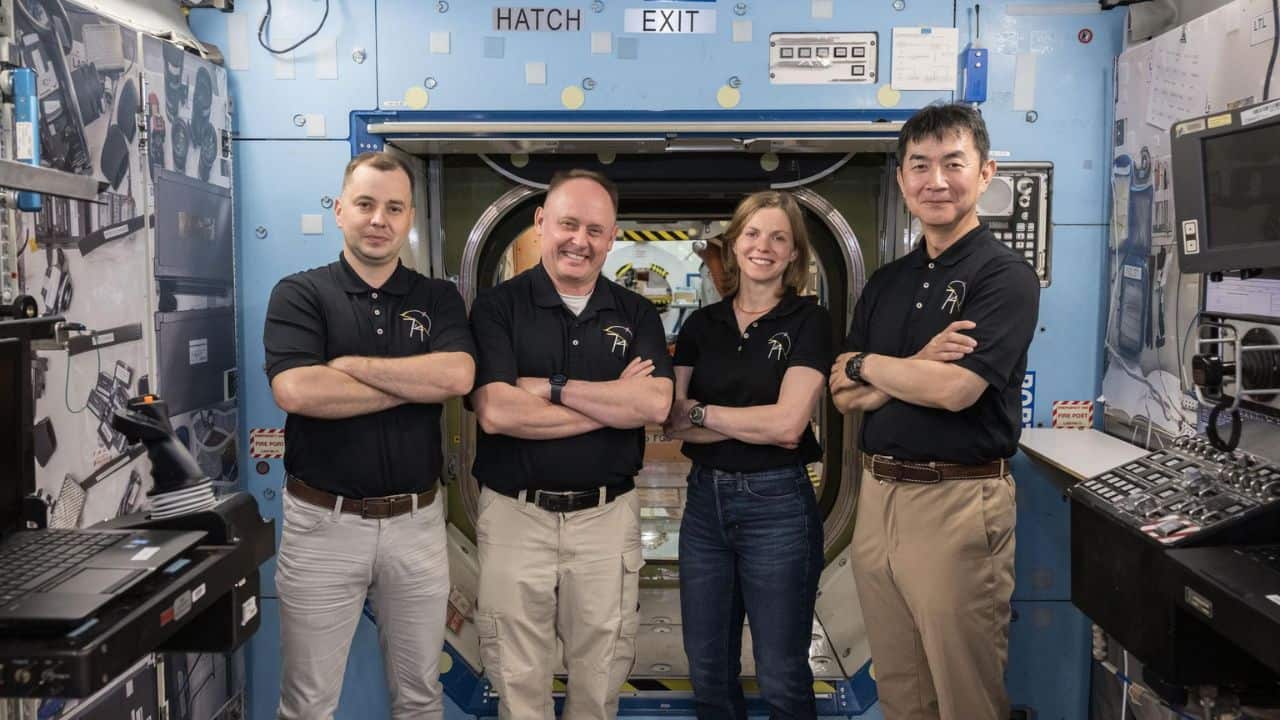 From left to right: Roscosmos cosmonaut Oleg Platonov, NASA astronauts Mike Fincke and Zena Cardman, and JAXA astronaut Kimiya Yui pictured after participating in a training simulation inside a mockup at NASA’s Johnson Space Center in Houston. (Image: NASA)