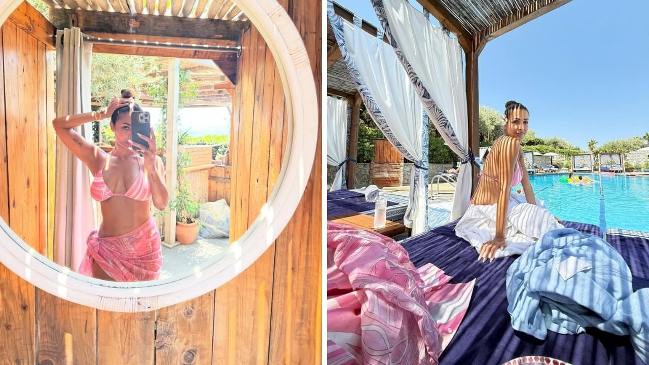 Malaika Arora, a beach lover, sported a pink and white printed bikini: The triangular string top featured a halter neck and was paired with a matching bottom layered under a sarong wrap (Images: @malaikaaroraofficial/Instagram)