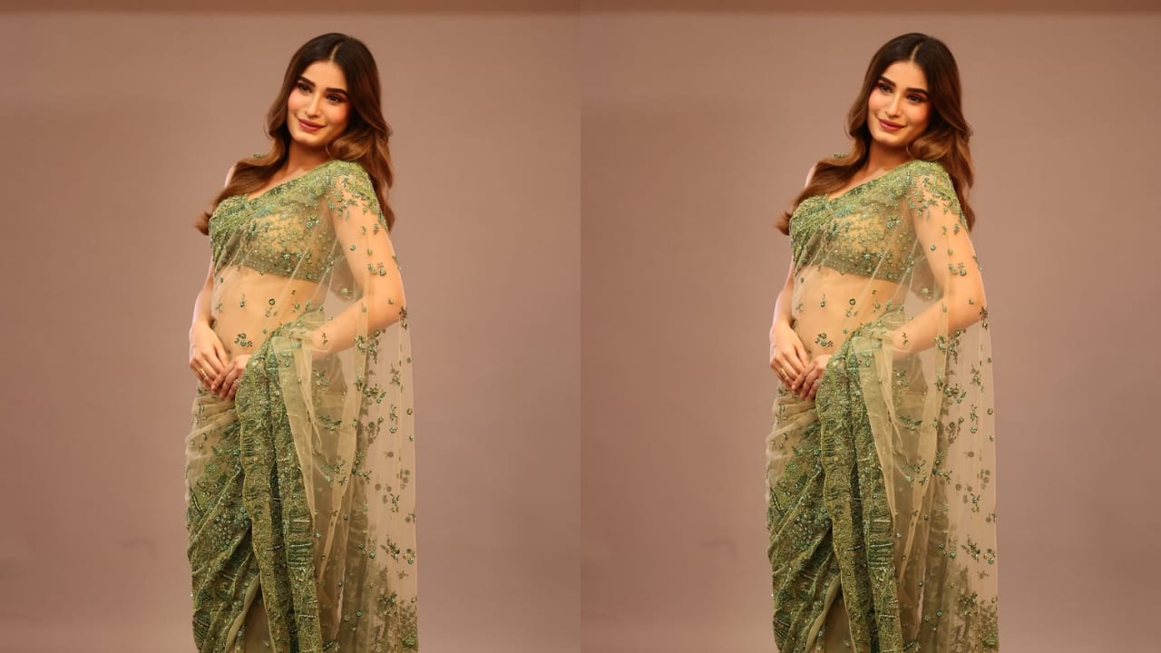 Rasha Thadani Rasha Thadani’s saree is as festive and delightful as it gets. Its beautifully embroidered silhouette takes inspiration from nature and makes it a perfect pick for celebrations. It is tied traditionally but paired with a modern blouse with a deep round back.