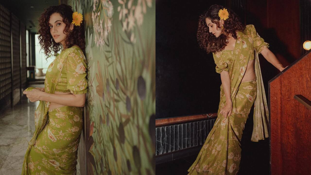 Taapsee Pannu Opt for a retro-style green like Taapsee, who looks like a vision in this roseate saree. Combining pastel green and cream florals, the saree is bound to make you feel modern and elegant. Her blouse with puff sleeves is every bit vintage and adds to the fresh appeal of the ensemble.