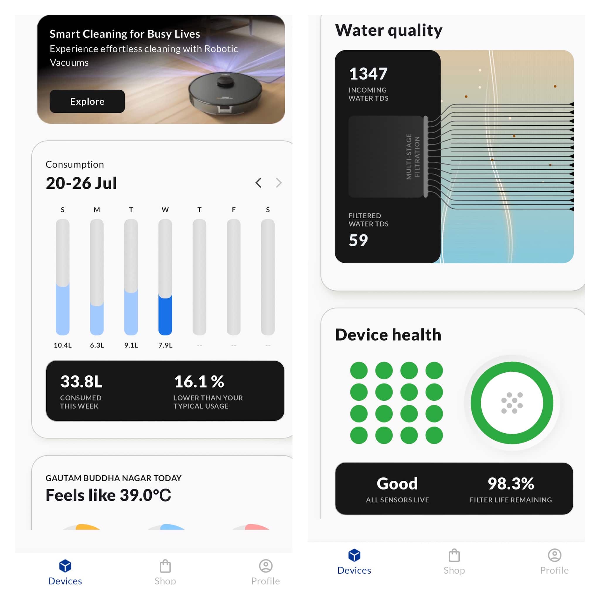 Comes with smart features  This isn’t just app integration for the sake of it. The Eureka Forbes app offers real-time Device Health Checks, Water Quality Indicators, and a Hydration Monitor. These features are functional and useful, especially for those who want more control over their water consumption and purifier status.