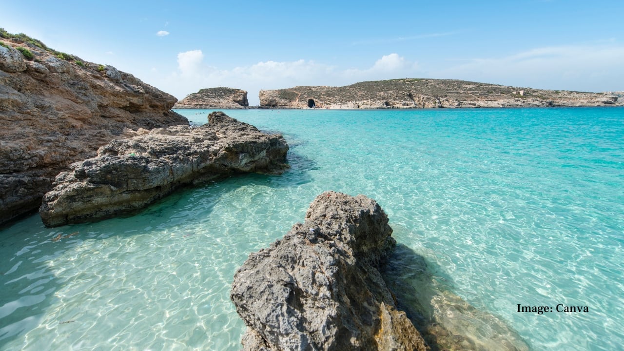 8. Blue Lagoon, Malta (Comino) Between Malta and Gozo lies the shimmering Blue Lagoon of Comino—small in size but immense in appeal. Its aquamarine waters draw swimmers and snorkellers to one of the Mediterranean’s most inviting marine landscapes. (Image: Canva)