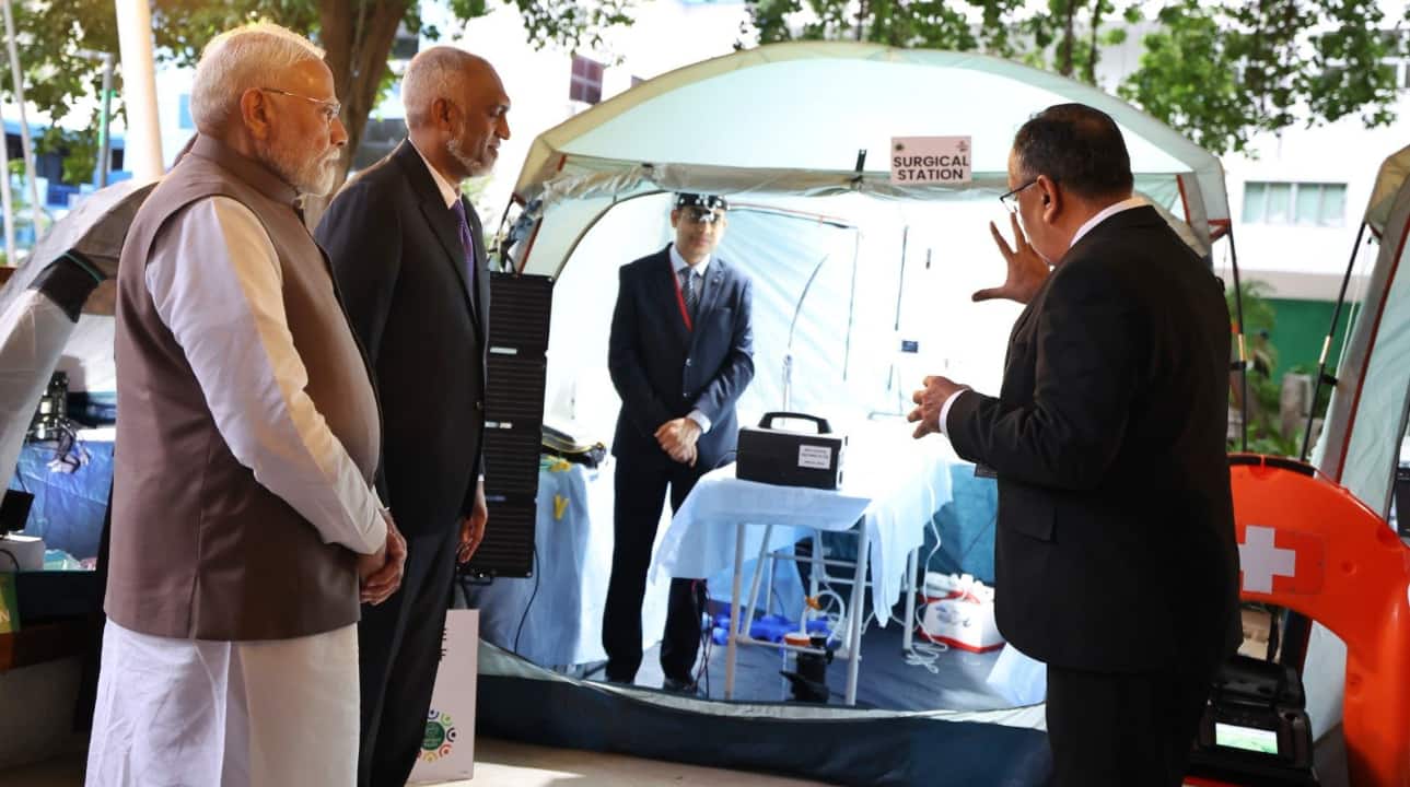 PM Modi also Bharat Health Initiative for Sahyog, Hita &amp; Maitri (BHISHM) cubes to President Muizzu as a symbol of India’s commitment to timely and compassionate healthcare support. “Presented BHISHM cubes to President Muizzu, reaffirming our partnership in service of the people. Bharat Health Initiative for Sahyog, Hita &amp; Maitri (BHISHM) is a symbol of India’s commitment to timely and compassionate healthcare support. These deployable medical cubes carry essential medicines and equipment for emergency care,&quot; he said. (Image: X/@narendramodi)