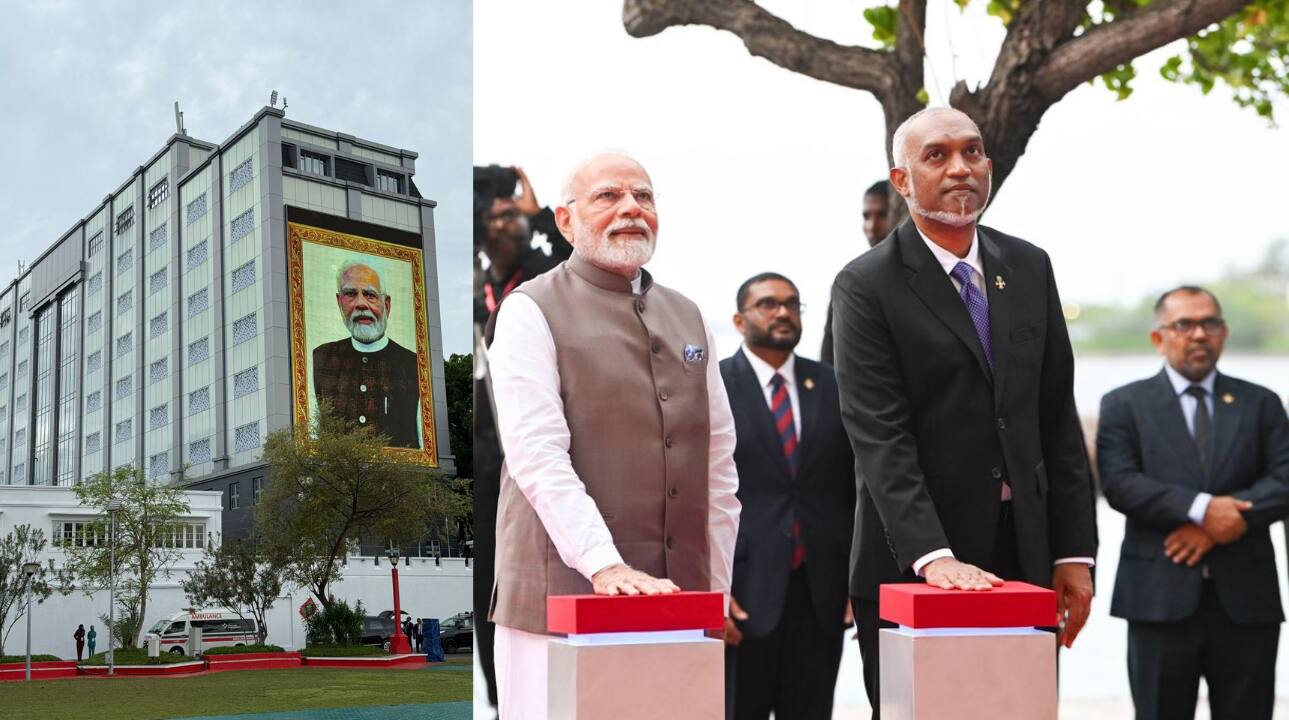 A glimpse of the Ministry of Defence building in Male, Maldives (left). PM Modi and President Muizzu jointly inaugurated the state-of-the-art Ministry of Defence building in Male. (Image: X/@ANI | X/@narendramodi)