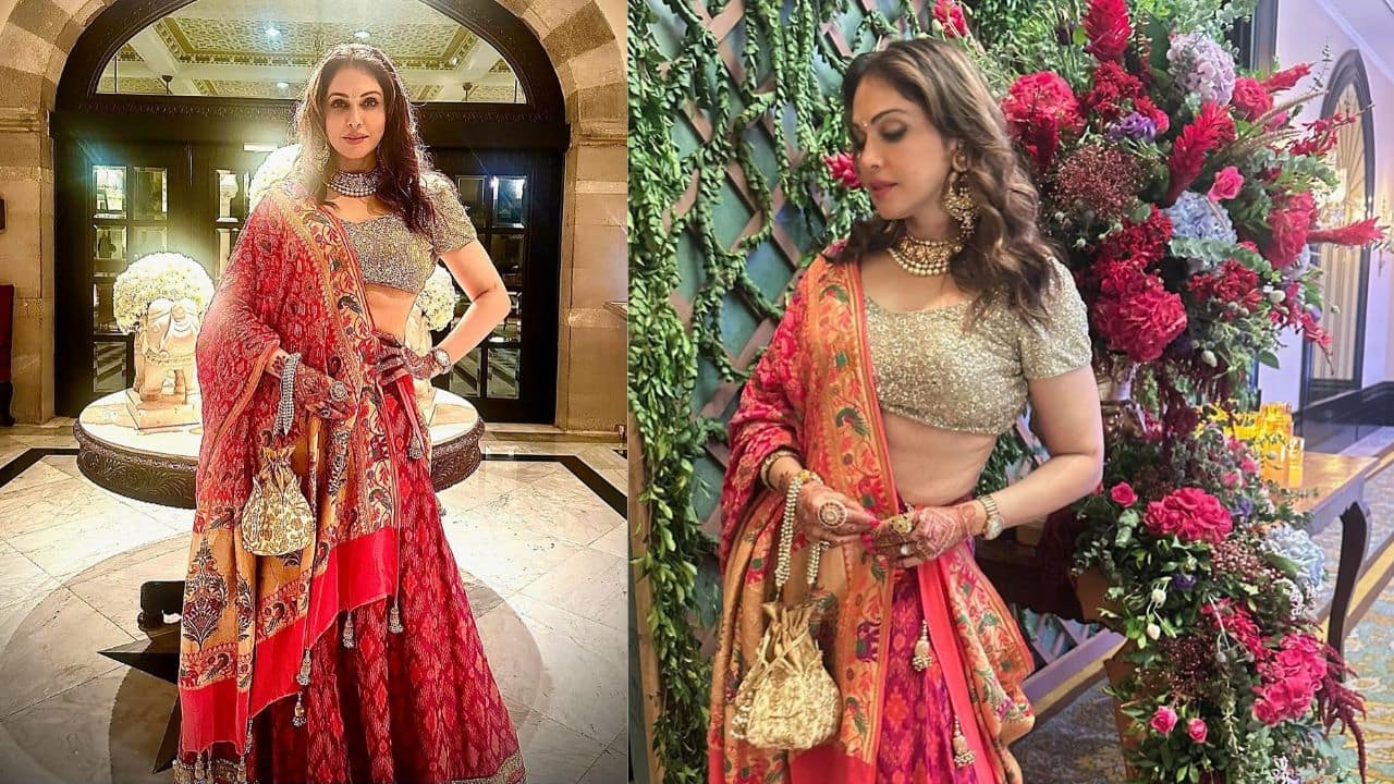 This gorgeous multicoloured lehenga, with its elaborate designs of pink, gold, and orange hues, is a perfect example of Indian textile artistry. The heavily embroidered and beaded piece created a rich tapestry of colours and textures. This gorgeous multicoloured lehenga, with its elaborate designs of pink, gold, and orange hues, is a perfect example of Indian textile artistry. The heavily embroidered and beaded piece created a rich tapestry of colours and textures.