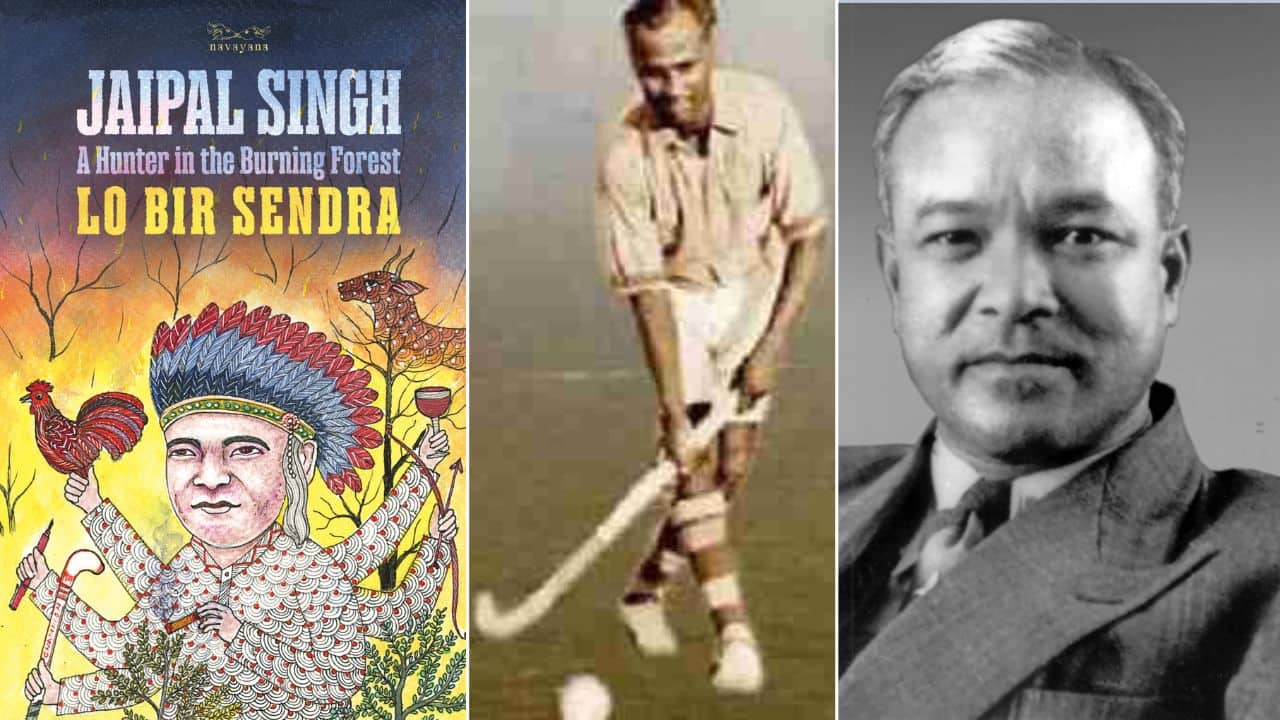 Jacket of a new reprint of the memoir of Adivasi leader Jaipal Singh Munda; portraits of Jaipal Singh Munda as a politician (right) and as a sportsman.