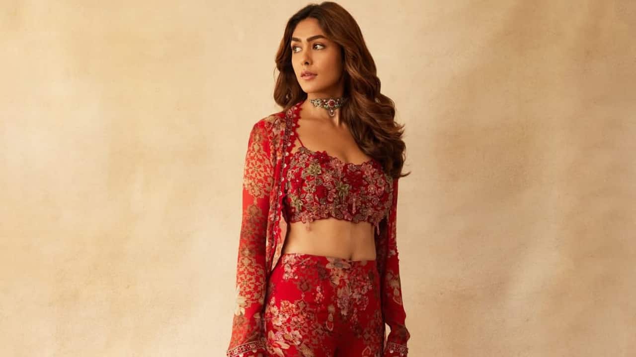 Fiery red Mrunal Thakur radiates confidence and elegance in a red sheer outfit featuring intricate floral embroidery. The bold color, paired with a delicate design, captures the festive spirit with a modern touch.