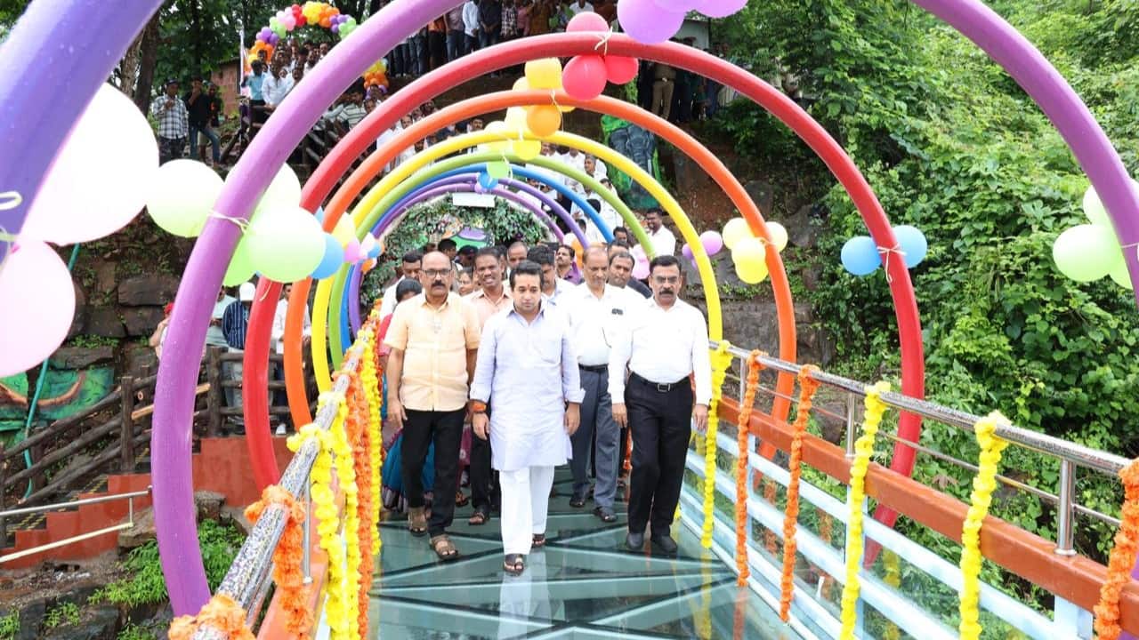 Maharashtra’s first glass bridge over Napne Waterfall in the heart of Sindhudurg’s lush Konkan landscape opens for public. (Image: X/ @NiteshNRane)