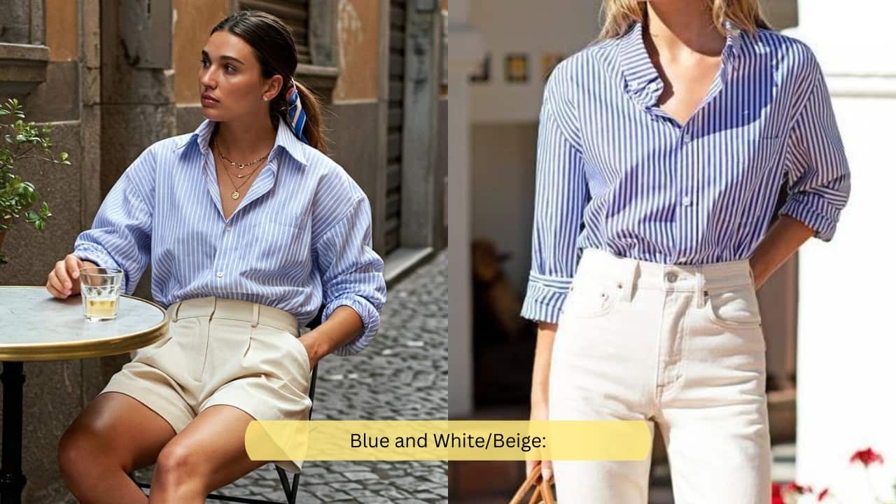 Blue and White/Beige Perfect for summer, this combination is clean and gives off coastal vibes. Blue and white or beige, when paired together, look rich yet relaxed. Style it with white trousers or shorts. Add tan or brown accessories, and a touch of gold, to elevate the look.(Image : Canva) Blue and White/Beige Perfect for summer, this combination is clean and gives off coastal vibes. Blue and white or beige, when paired together, look rich yet relaxed. Style it with white trousers or shorts. Add tan or brown accessories, and a touch of gold, to elevate the look.(Image : Canva)