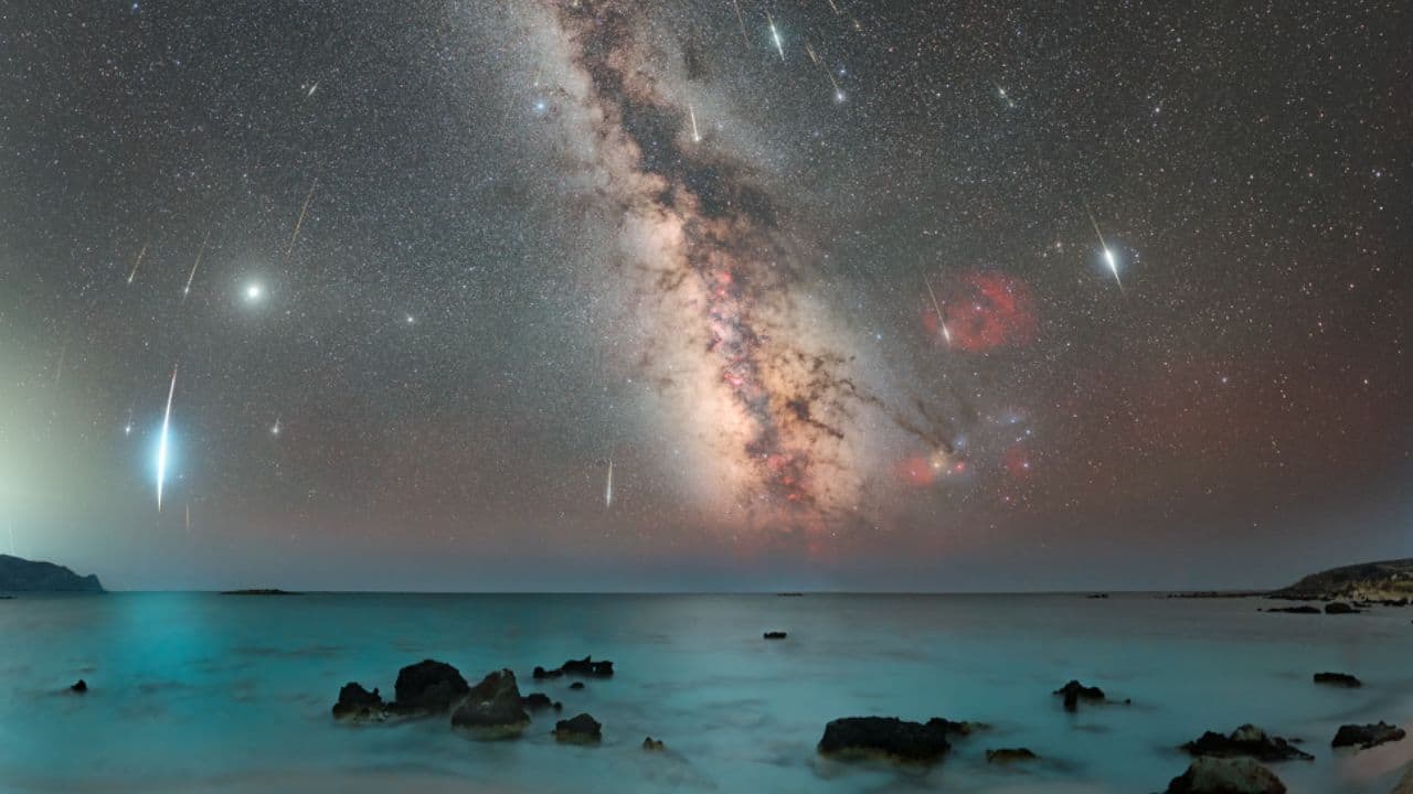 Twelve Years of Kappa Cygnids: This composite captures Kappa Cygnid meteors over 12 years, aligned above Crete’s Elafonisi Beach, showcasing their rare peak in August 2021 amid the Milky Way. (Image: NASA) Twelve Years of Kappa Cygnids: This composite captures Kappa Cygnid meteors over 12 years, aligned above Crete’s Elafonisi Beach, showcasing their rare peak in August 2021 amid the Milky Way. (Image: NASA)